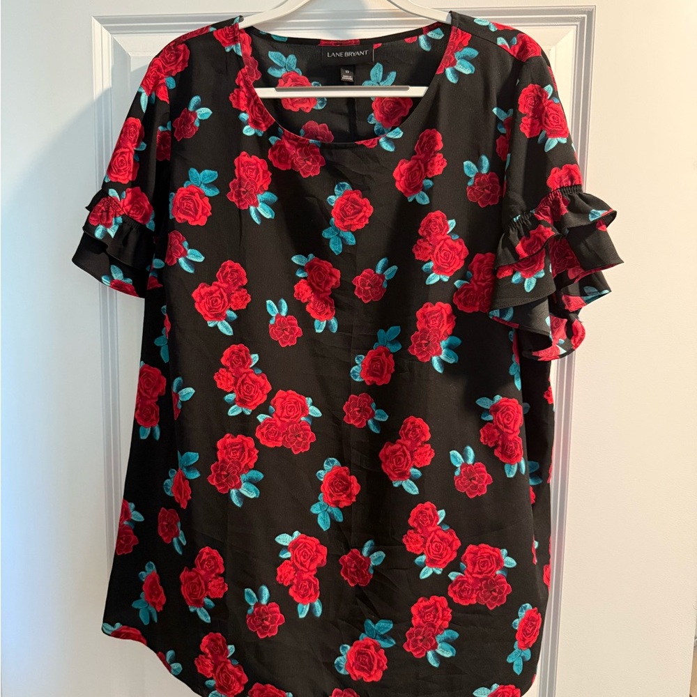 Lane Bryant Black Blouse with Red Floral Design